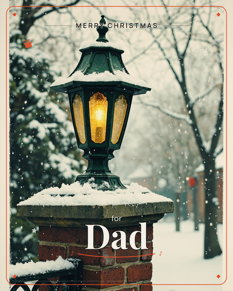 A green metal lantern sits atop a snow-capped brick gatepost, its amber glass glowing warmly against the falling snow, a christmas e-card design