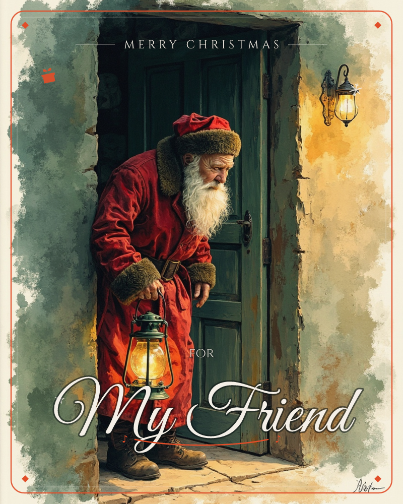 An old-world figure in a fur-trimmed red coat leans out from a weathered green doorway, holding a glowing lantern low as if checking the step outside, a christmas e-card design