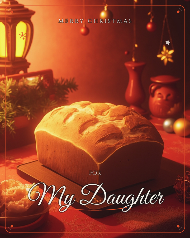 A golden loaf of freshly baked bread sits on a dark wooden board, its crust deeply cracked and glowing under warm lantern light, a christmas e-card design