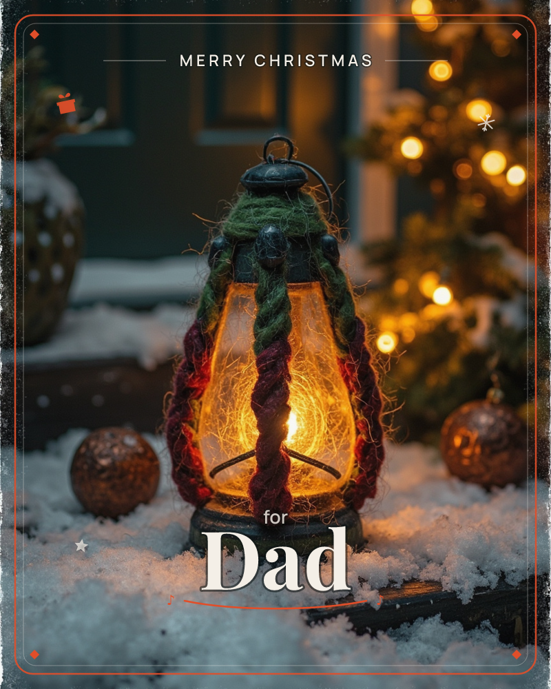 A small dark lantern glows warmly on a snow-covered porch step, its glass wrapped with braided green and red cord like a tiny wreath, a christmas e-card design