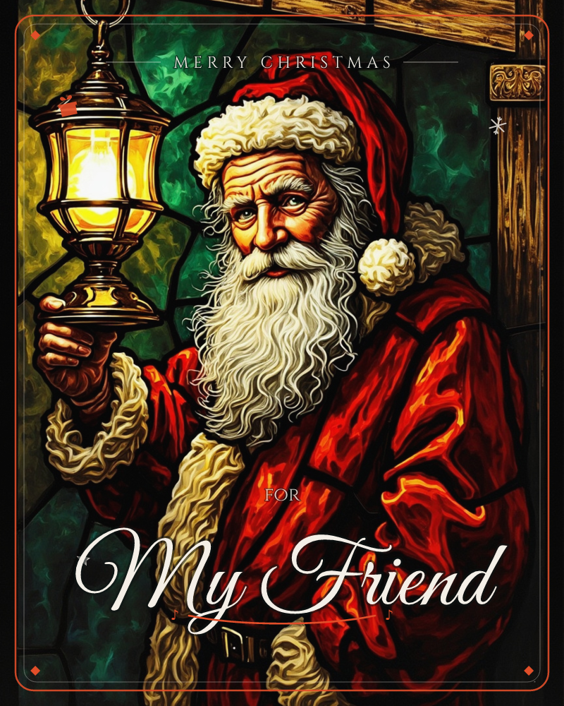 A stained-glass style portrait of Santa Claus holding up a glowing lantern, his white beard and fur-trimmed red coat rendered in bold leaded-glass…, a christmas e-card design
