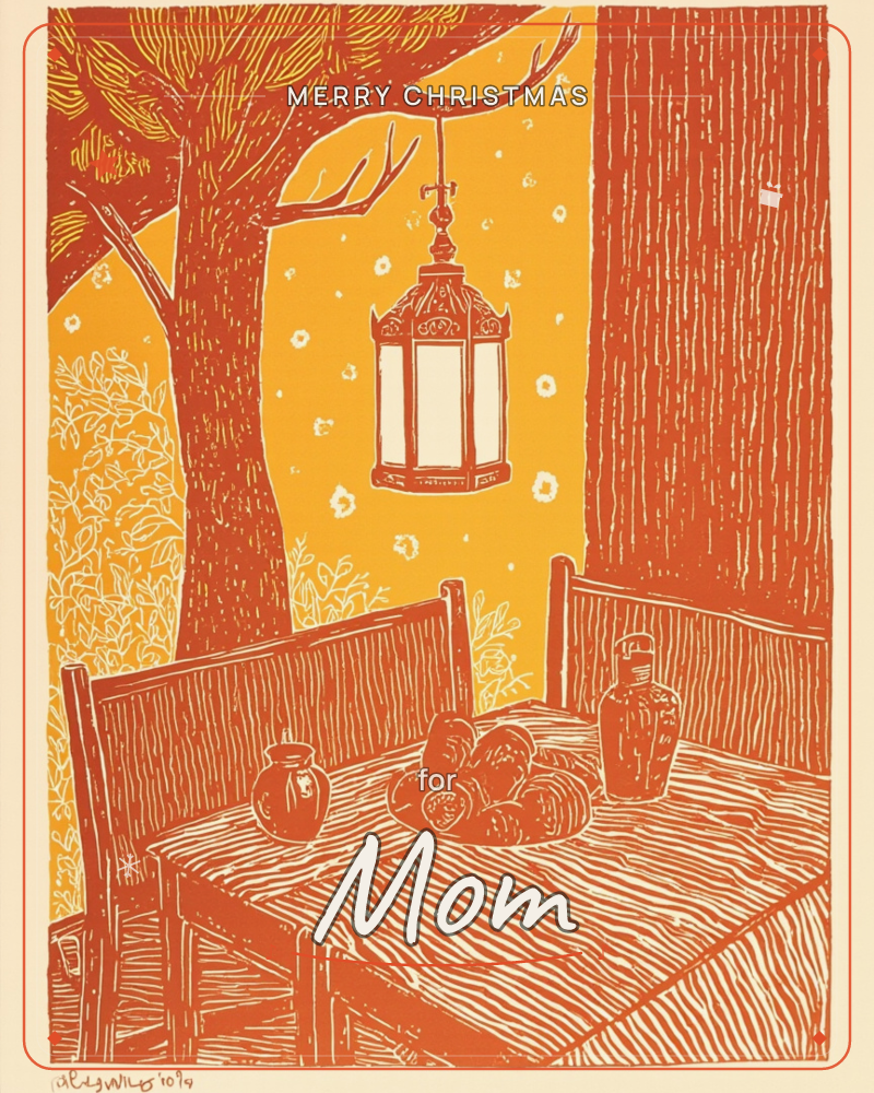 A linocut print shows a rustic outdoor table set between two trees, with a lantern hanging above holding a plate of fruit, a jar, and a bottle, a christmas e-card design