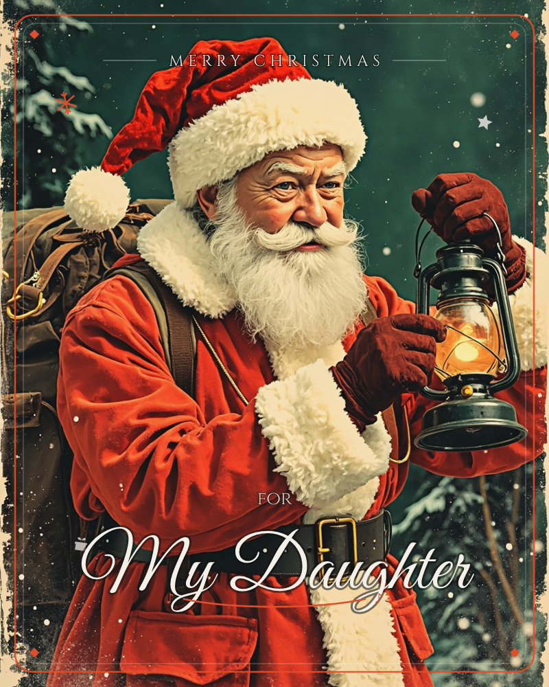 A weathered Santa in a fur-trimmed red coat and cap stands amid falling snow, carrying a heavy pack on his back and holding up a lit lantern to peer…, a christmas e-card design
