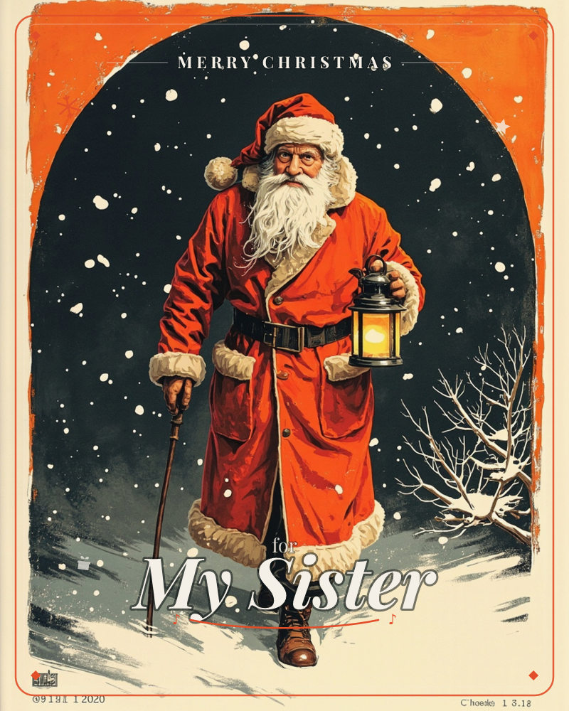 Santa Claus trudges through deep snow beneath a dark arched night sky flecked with falling snow, a burning lantern in one hand and a wooden cane in the…, a christmas e-card design