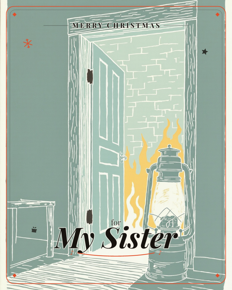 An open door reveals a brick wall lit by golden flames, with a heavy lantern glowing on the threshold and a wooden bench off to the side in a muted…, a christmas e-card design