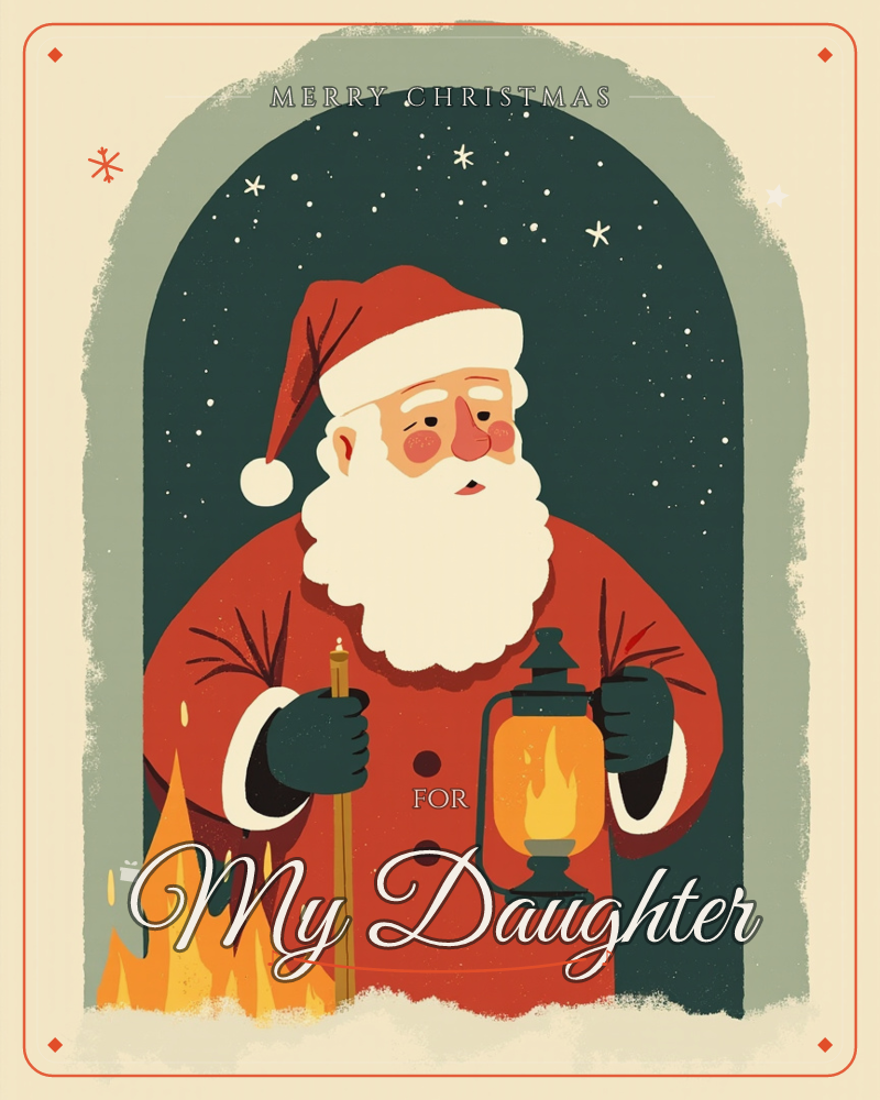 A rosy-cheeked Santa stands framed in a sage-green stone archway beneath a star-scattered midnight sky, holding a glowing lantern and a tall staff…, a christmas e-card design