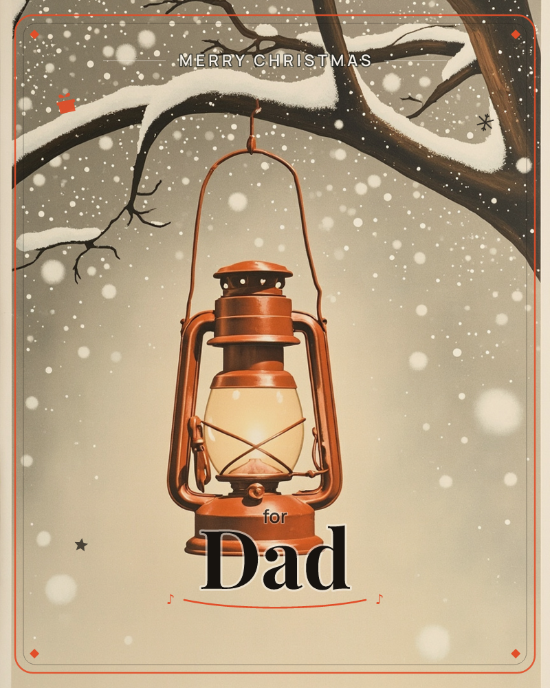 A copper lantern hangs by its handle from a snow-laden branch, its glass panes glowing warm amber against a soft, falling snow, a christmas e-card design