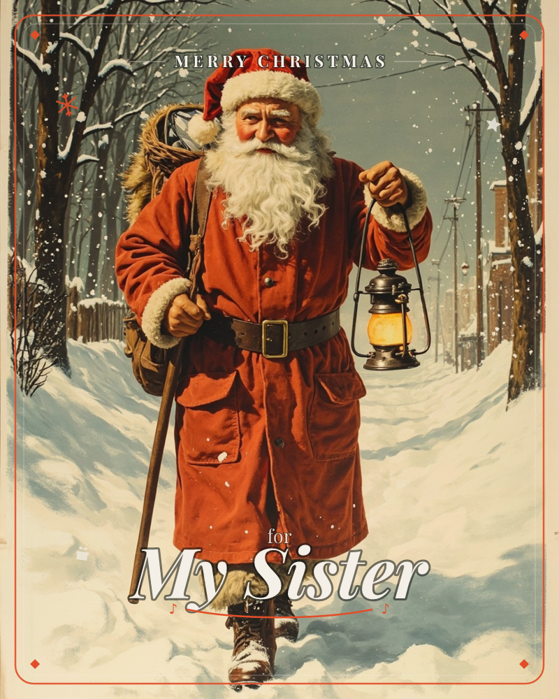 Santa Claus trudges down a snow-covered lane in a weathered red coat trimmed with fur, a sack slung over one shoulder and a lit lantern swinging from…, a christmas e-card design