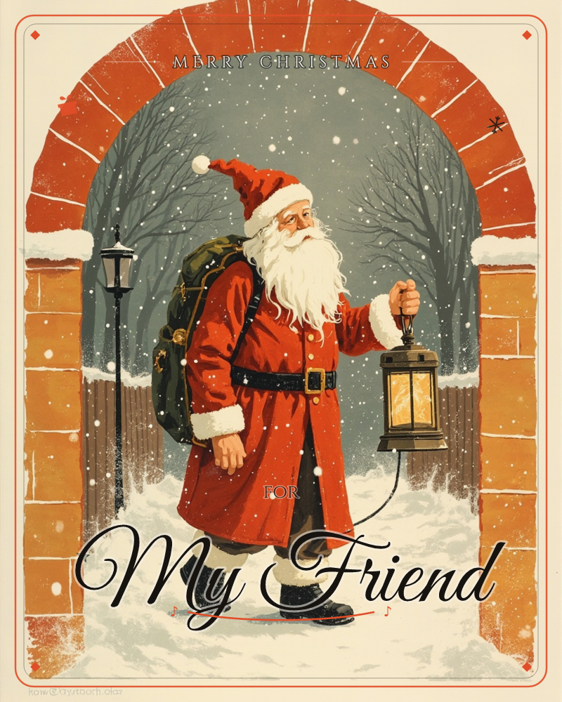 Santa strides through a red brick archway carrying a heavy pack and a glowing lantern, snow falling steadily behind him against bare winter trees, a christmas e-card design