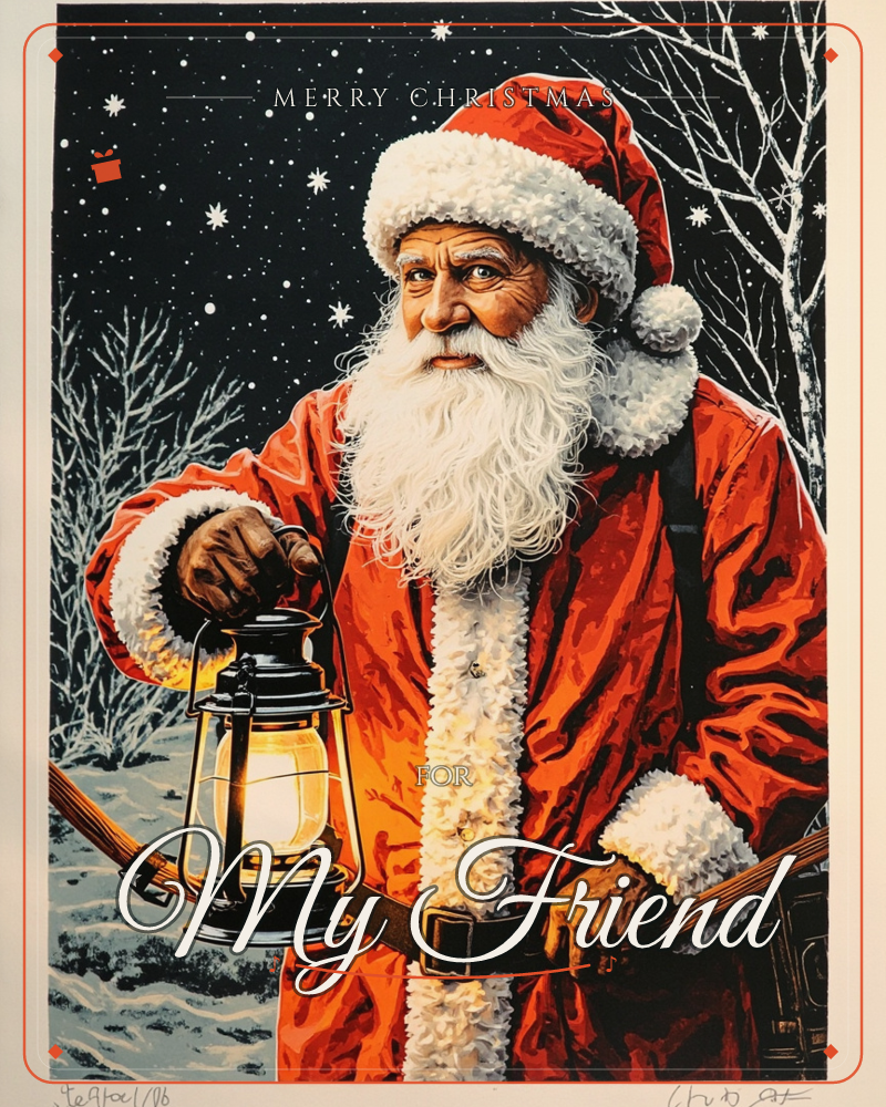 Santa Claus stands in a snowy, star-filled night scene, holding up a glowing black lantern that lights his weathered face and thick white beard, a christmas e-card design