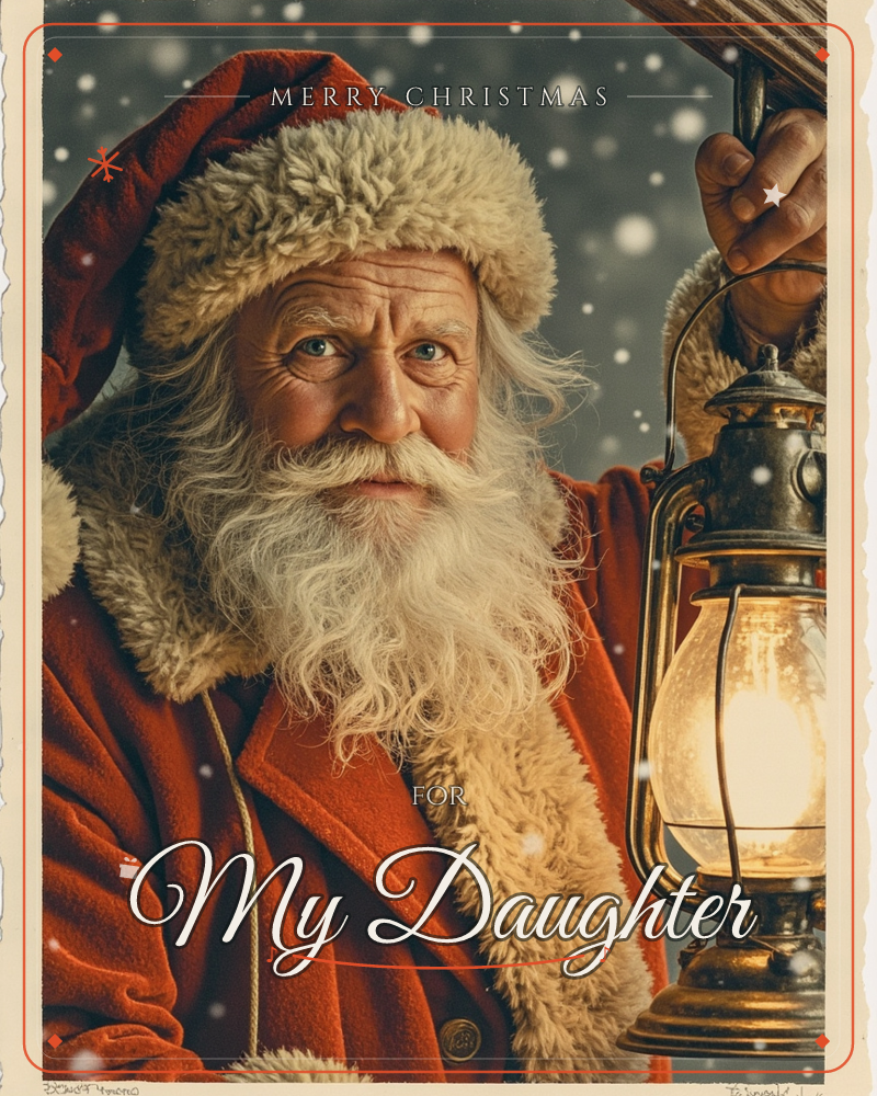 A close-up portrait of a weathered old man in a fur-trimmed red coat and hat, his long white beard catching the light as he holds up a glowing brass…, a christmas e-card design