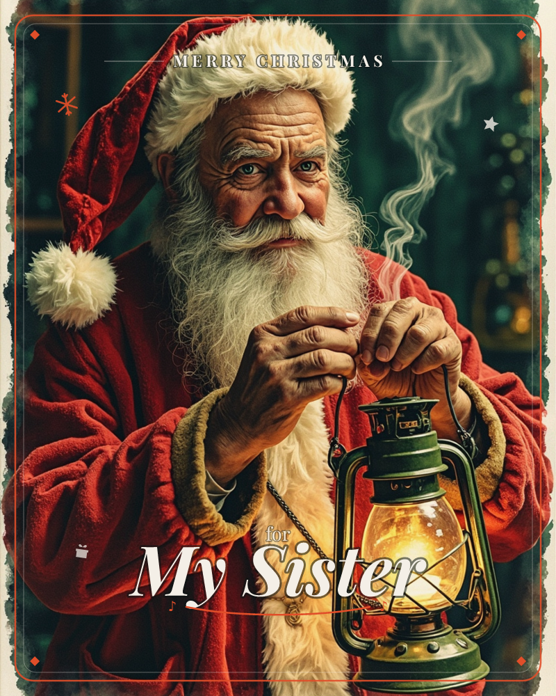 A weathered man in a red velvet coat and fur-trimmed cap holds up a lit lantern, its glass warmed by an amber flame with a thread of smoke curling upward, a christmas e-card design