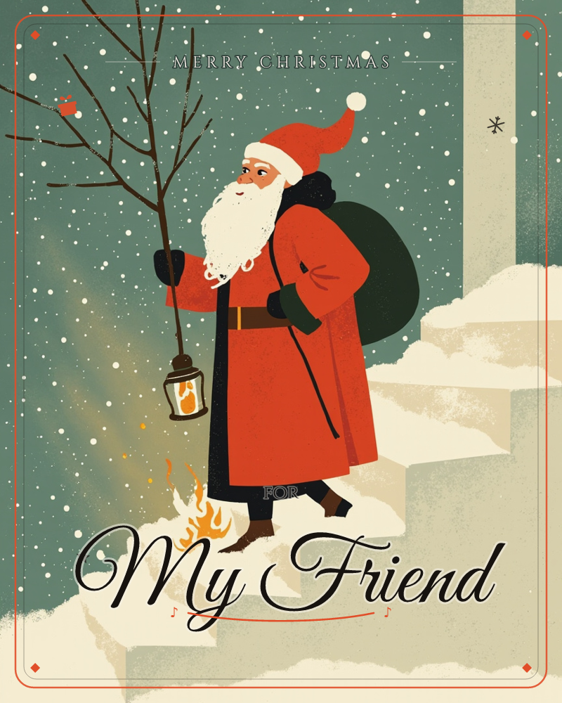 A tall, slender Santa in a long red coat climbs a wide stone staircase through falling snow, carrying a bare-branched tree and a lantern that spills…, a christmas e-card design