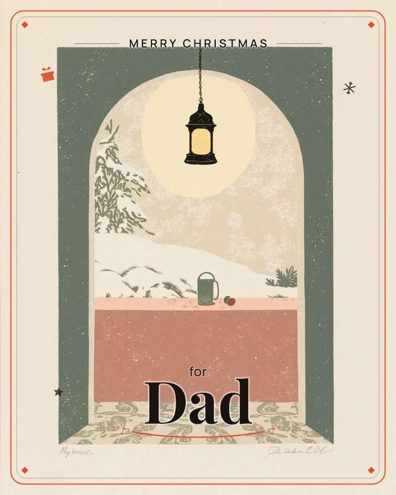 A green archway frames a snowy winter scene, with a lit lantern hanging from a chain and glowing against a pale moonlit sky, a christmas e-card design