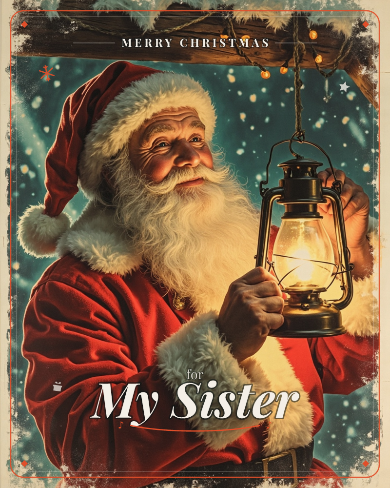 A close-up illustration of Santa Claus in his red fur-trimmed coat, holding up a glowing lantern beneath a snow-dusted wooden beam strung with small…, a christmas e-card design