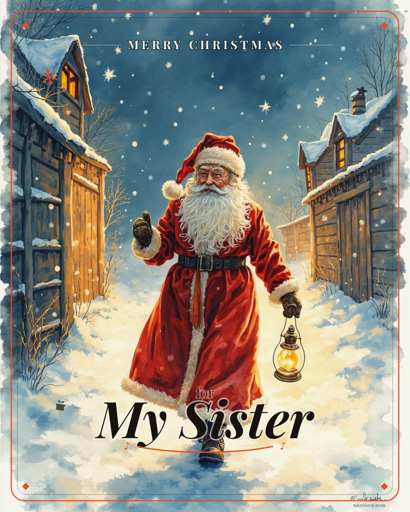 Santa Claus walks down a snowy village path at night, carrying a glowing lantern and giving a thumbs-up, with snow-capped wooden cabins framing him on…, a christmas e-card design