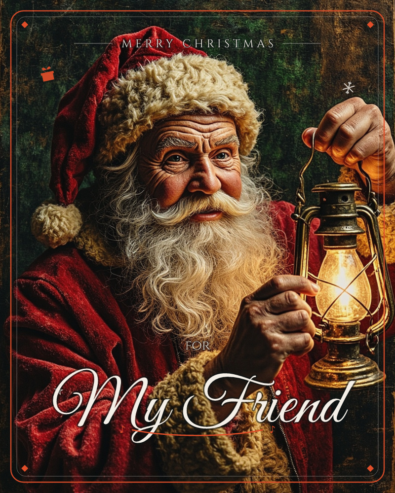 A weathered, close-up portrait of Santa Claus in a deep red, fur-trimmed coat, holding up an old brass lantern that glows warmly against a dark…, a christmas e-card design