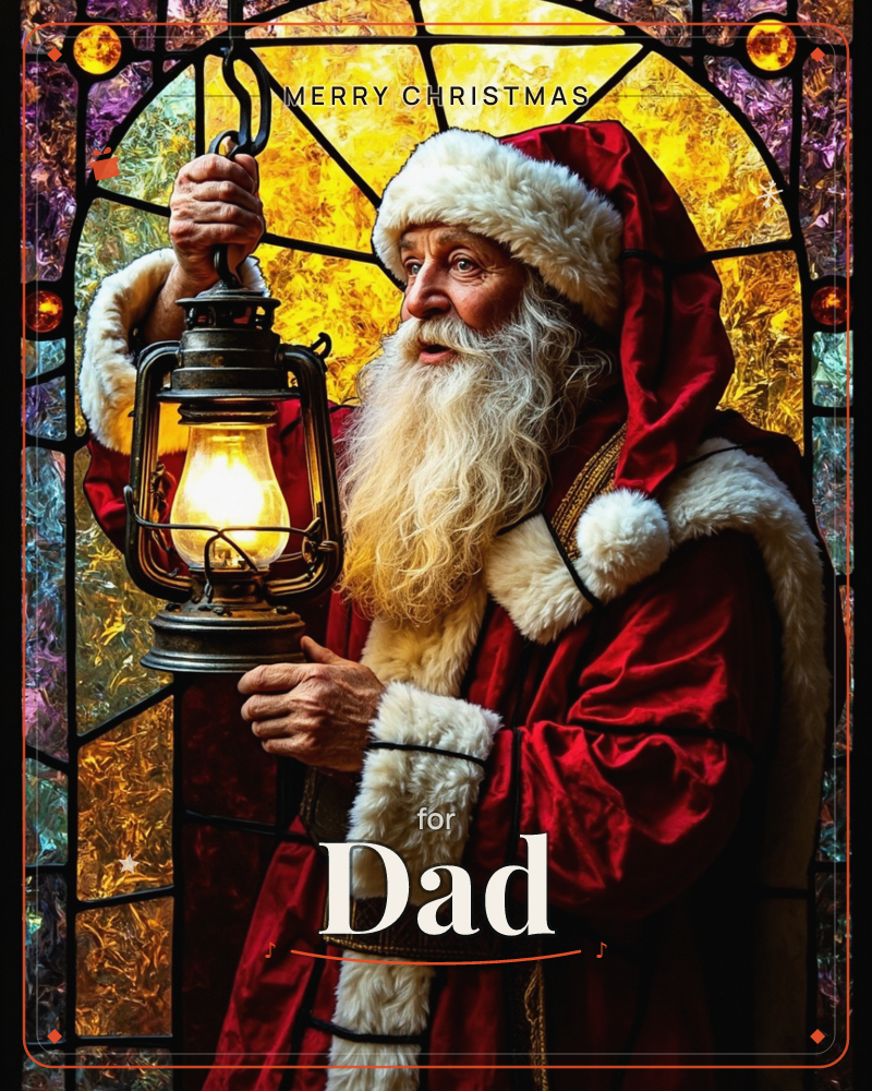A stained-glass style illustration shows Santa Claus in his red fur-trimmed coat, raising an old-fashioned lantern that glows amber against a mosaic of…, a christmas e-card design