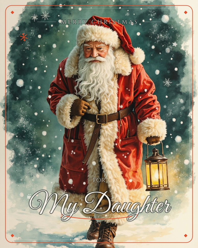 Santa Claus walks toward the viewer through a snowy night, his fur-trimmed red coat and long white beard catching the glow of the lantern he carries, a christmas e-card design