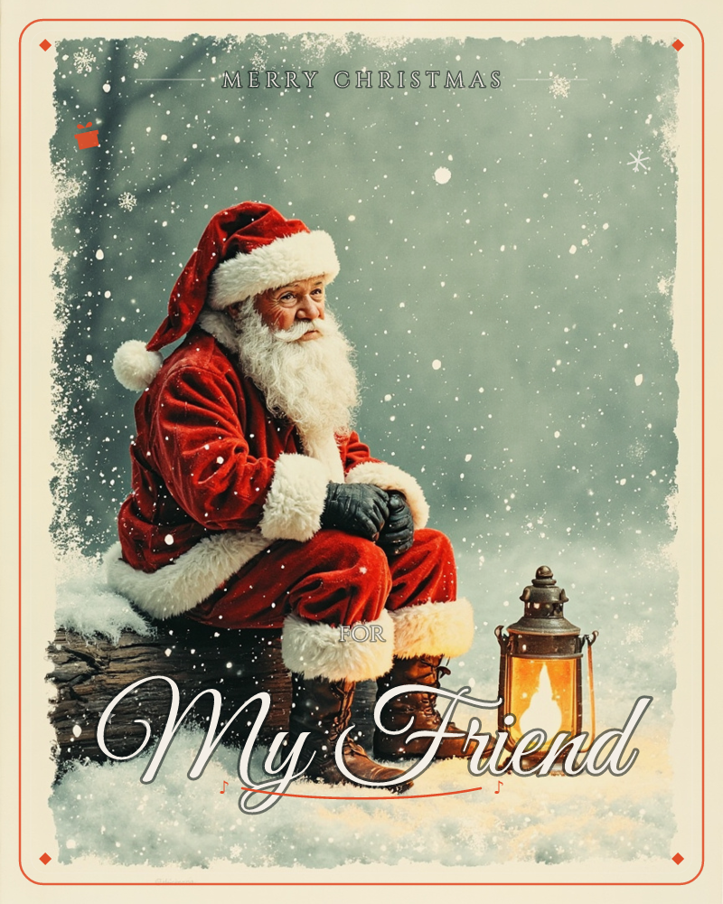 A weary Santa in a red velvet suit sits alone on a snowy log, gazing out into a soft grey-green haze of falling snow, an old lantern glowing beside him…, a christmas e-card design
