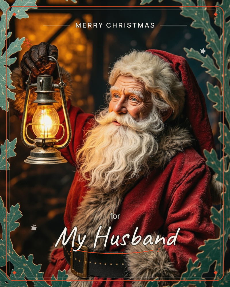 A weathered figure in a fur-trimmed red coat and hood lifts a glowing brass lantern into the darkness, his white beard and gloved hand catching the…, a christmas e-card design