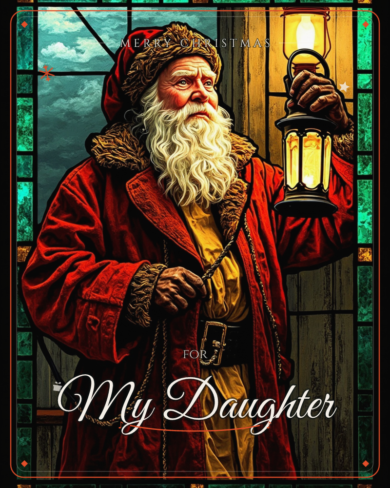 A weathered figure in a fur-trimmed red coat stands framed by a stained-glass border, holding up a glowing lantern against a night sky of swirling clouds, a christmas e-card design