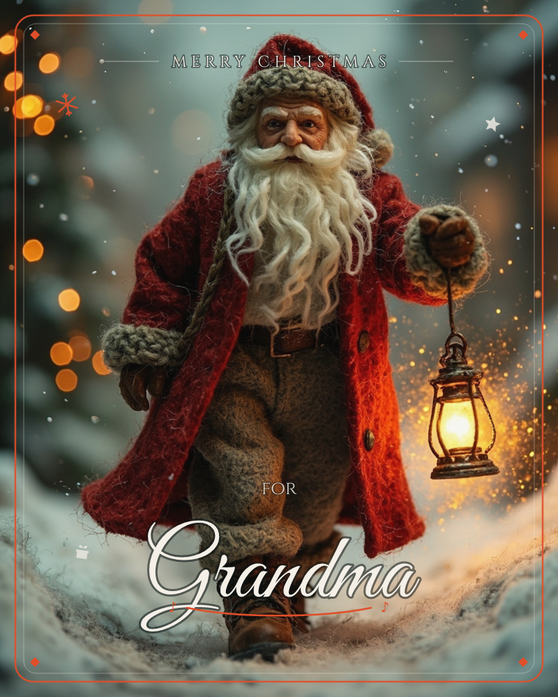 A felted, handcrafted Santa figure trudges through snow along a dim forest path, his long woolly beard curling over a red knitted coat trimmed in cream, a christmas e-card design