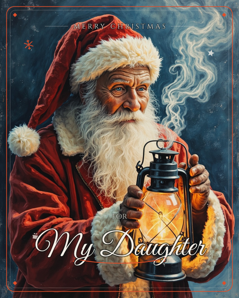 Santa Claus, weathered and blue-eyed, holds up a battered lantern whose glow lights his face against a deep midnight-blue background, a christmas e-card design