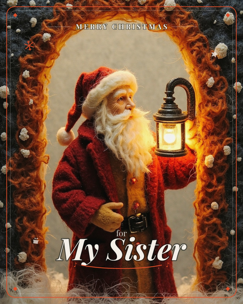 A handcrafted Santa figure in a deep red felt coat stands beneath a curled, wool archway studded with tiny snowball tufts, holding up a glowing black…, a christmas e-card design