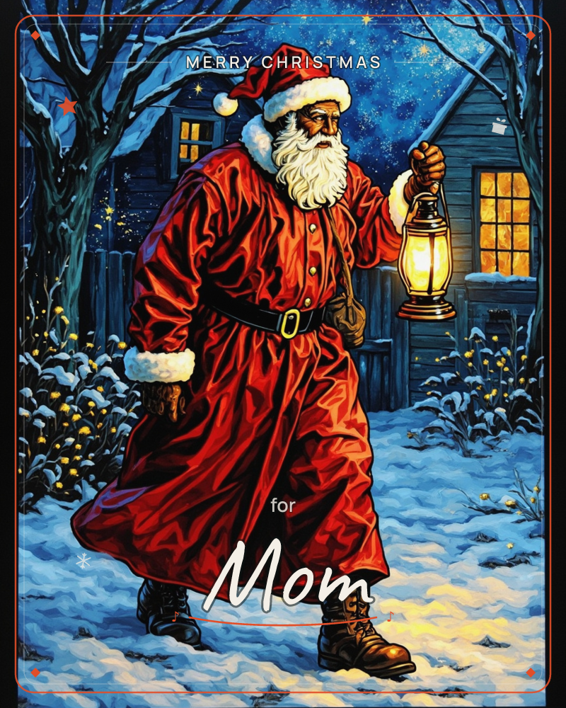 A bearded figure in a long red coat and Santa hat walks through a snowy yard at night, carrying a glowing lantern past bare trees and a warmly lit…, a christmas e-card design