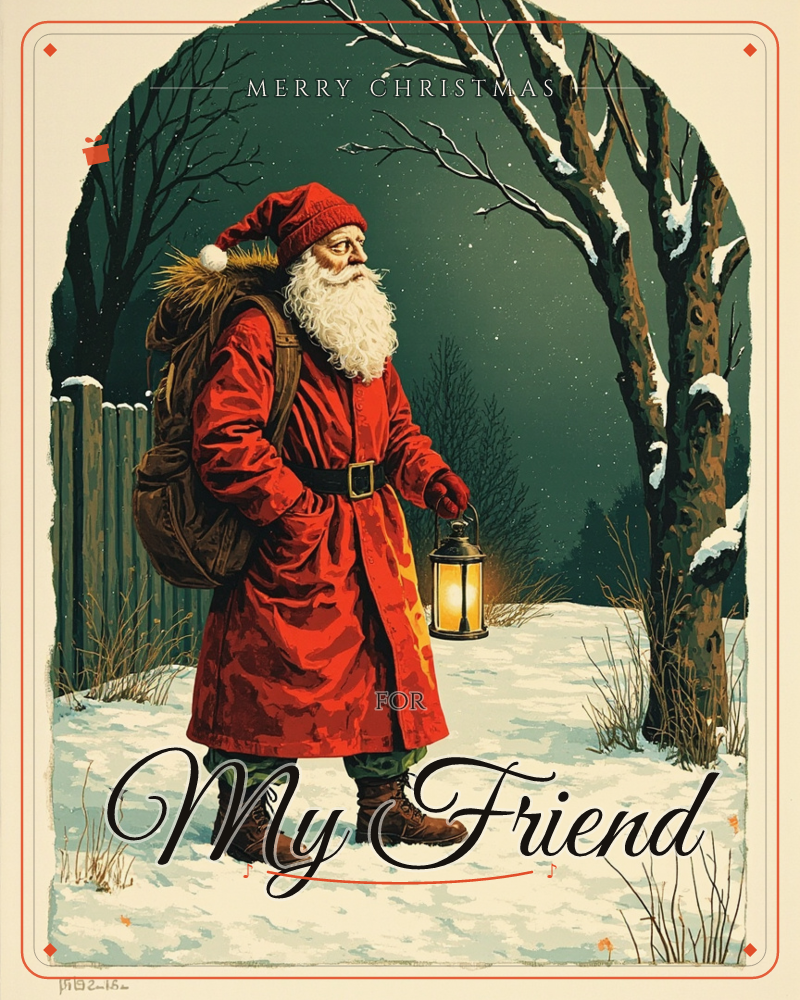 Santa stands alone in a snowy lane at night, a worn leather pack slung over his shoulder and a lit lantern held out before him, a christmas e-card design