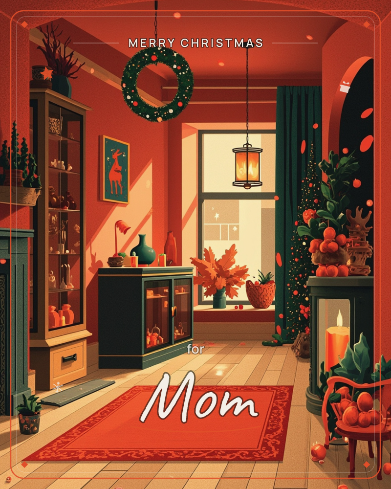 A cosy interior glows in warm reds and oranges, with a wreath hanging above a display cabinet full of curios and a lantern lit in the window, a christmas e-card design