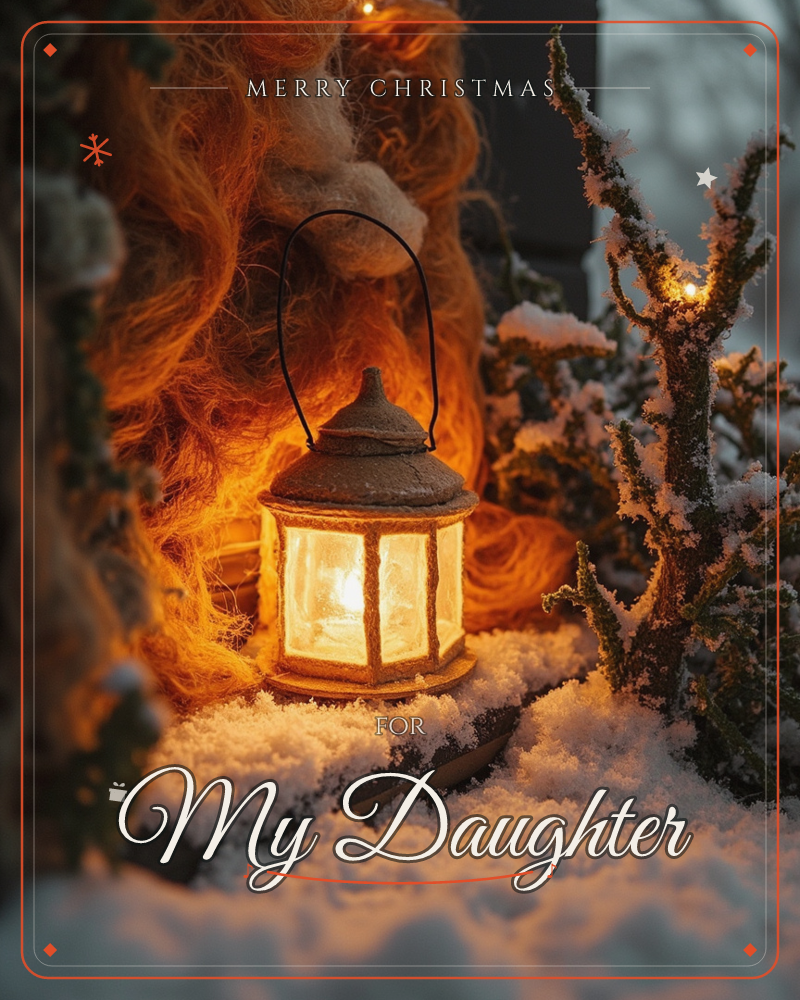 A small glowing lantern sits on a bed of snow, its glass panes lit warm amber against a backdrop of tangled orange-red fibres like a fox's fur and a…, a christmas e-card design