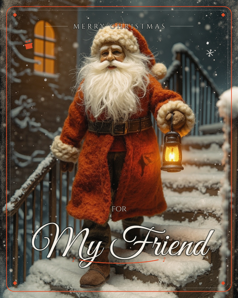 A felted Santa figure with a woolly white beard makes his way down a snow-dusted stone staircase, lantern glowing in hand, a christmas e-card design