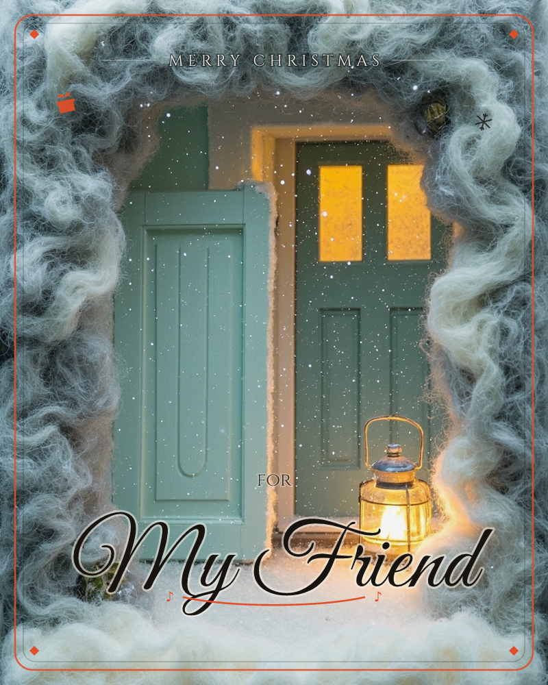 A sage-green front door stands ajar within a snowy doorframe wreathed in curly wool that mimics drifting frost, its two small windows glowing amber…, a christmas e-card design