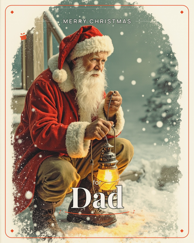 Inside an arched border of falling snow, Santa crouches on a snowy porch step, cradling a glowing lantern in his weathered hands, a christmas e-card design