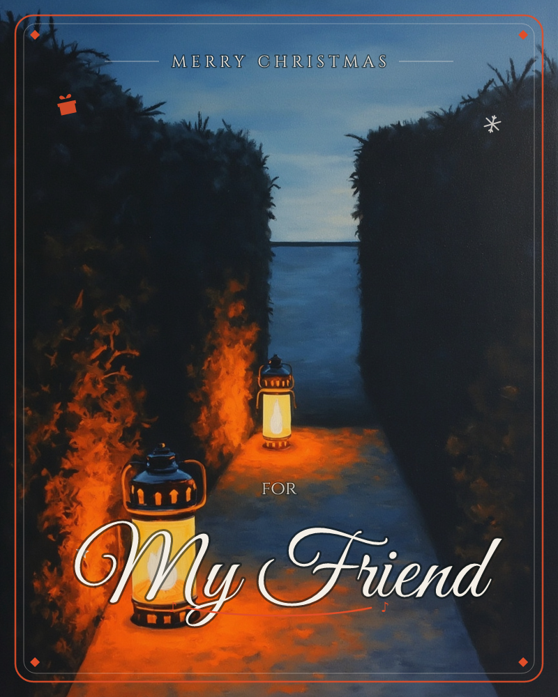 A narrow path between tall dark hedges leads toward a glowing horizon where sea meets dusky sky, a christmas e-card design