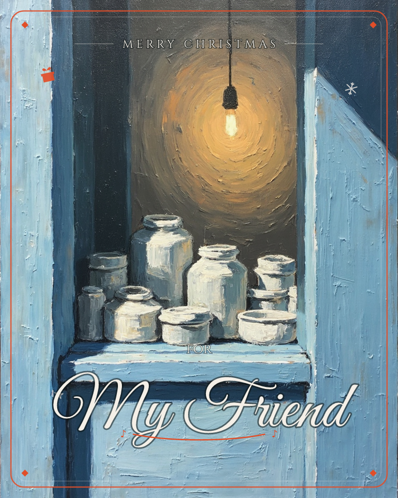 A painted cupboard nook in dusty blue holds a cluster of white ceramic jars, pots and bowls, lit from above by a single bare bulb glowing warm gold…, a christmas e-card design