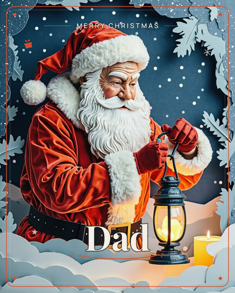 A richly textured Santa in plush red velvet leans over a snowy ledge, holding up a glowing lantern beside a lit candle, a christmas e-card design