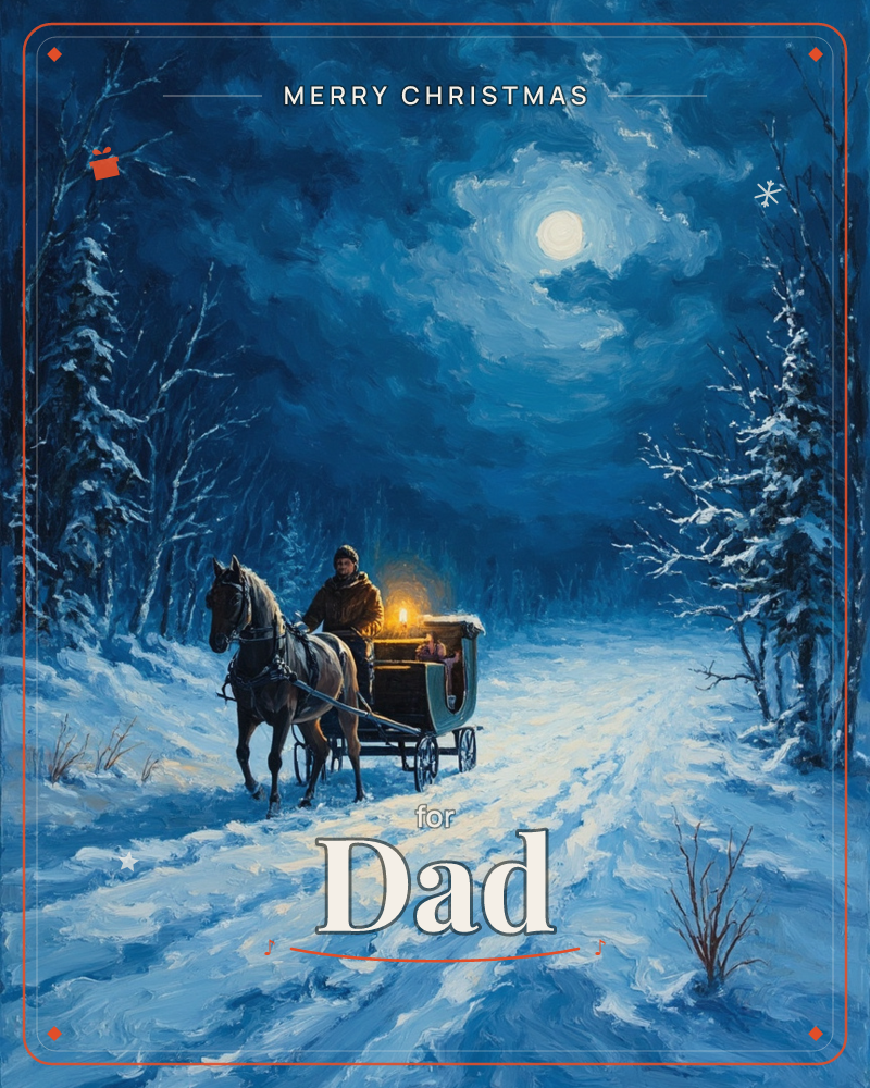 A lone figure drives a horse-drawn sleigh down a snow-covered forest path lit only by a lantern and a full moon breaking through the clouds, a christmas e-card design