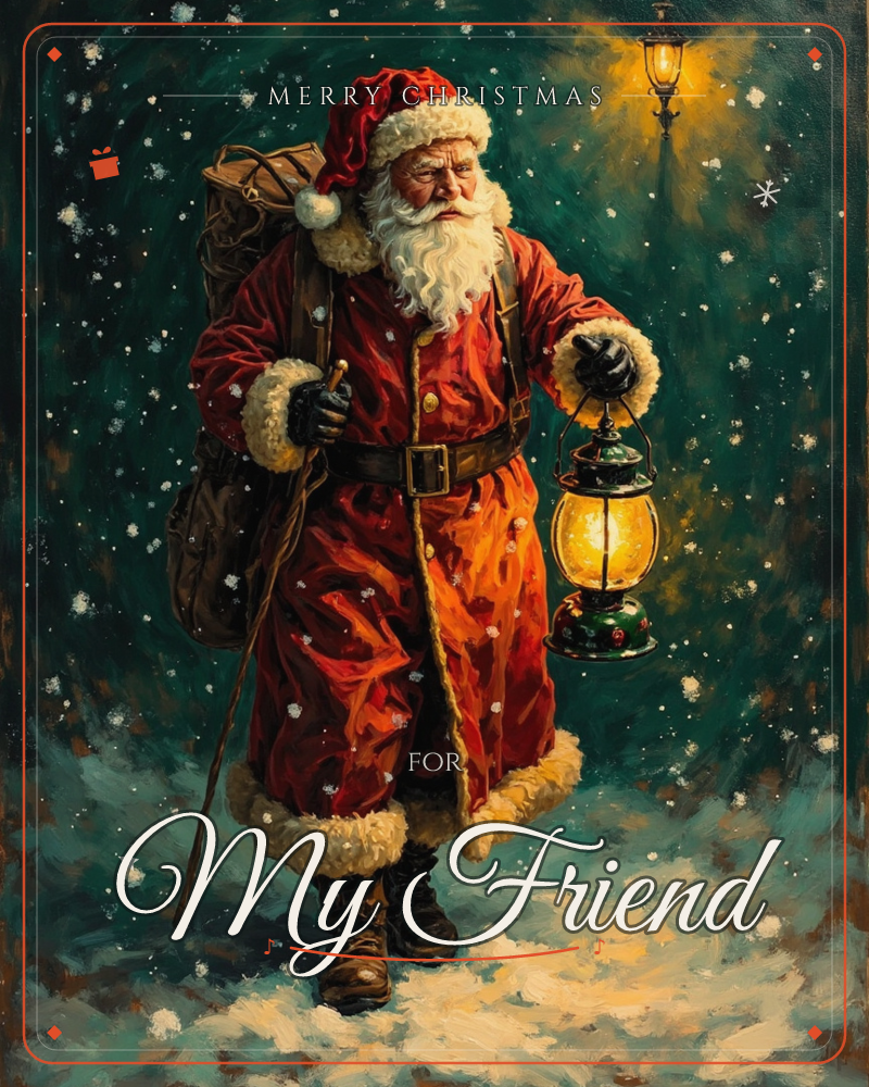 Santa trudges through falling snow at night, sack slung over one shoulder and a glowing lantern held out before him to light the way, a christmas e-card design