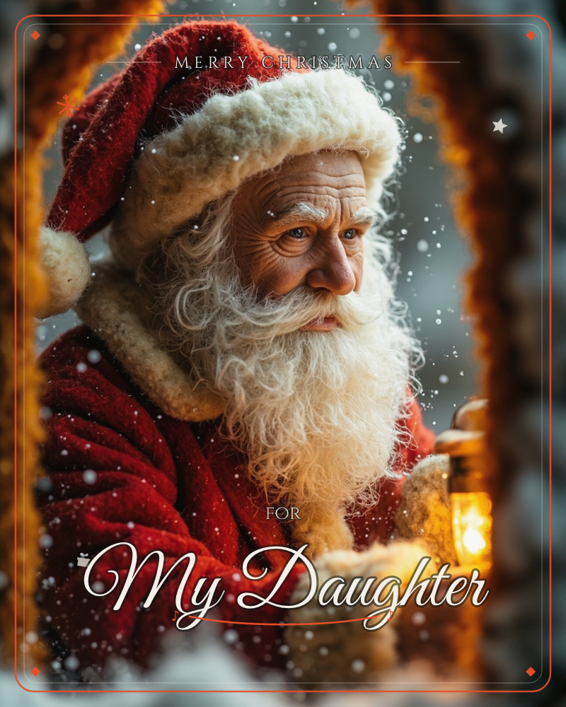 A close-up portrait shows Santa Claus in his red fur-trimmed coat and cap, his long white beard catching the glow of a lantern he holds in mittened hands, a christmas e-card design