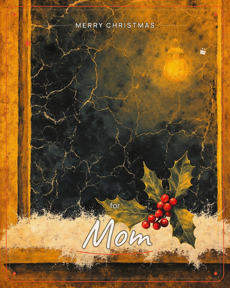 A weathered window frame looks out onto a dark, crackled night sky lit by a single glowing lantern, a christmas e-card design