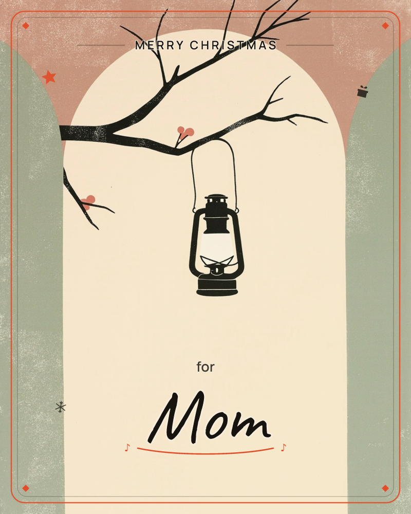 A bare black branch with a few small red berries stretches across a tall arched panel, an old-fashioned lantern hanging from it and glowing softly…, a christmas e-card design