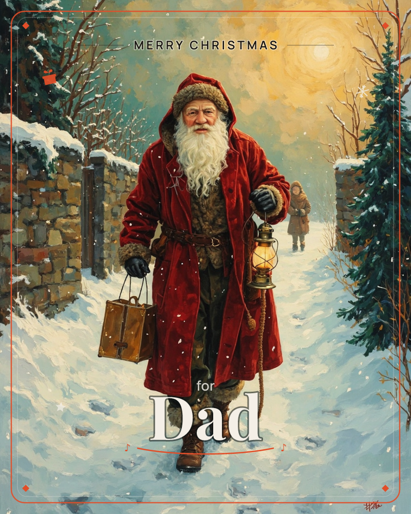 A weathered Santa in a fur-trimmed red coat walks down a snowy stone-walled lane, carrying an old lantern and a wooden case, his long white beard…, a christmas e-card design