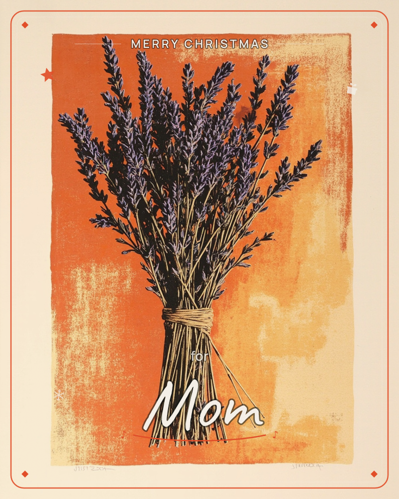 A tied bundle of purple lavender stems stands upright against a textured backdrop of burnt orange fading into a mottled gold-yellow, a christmas e-card design