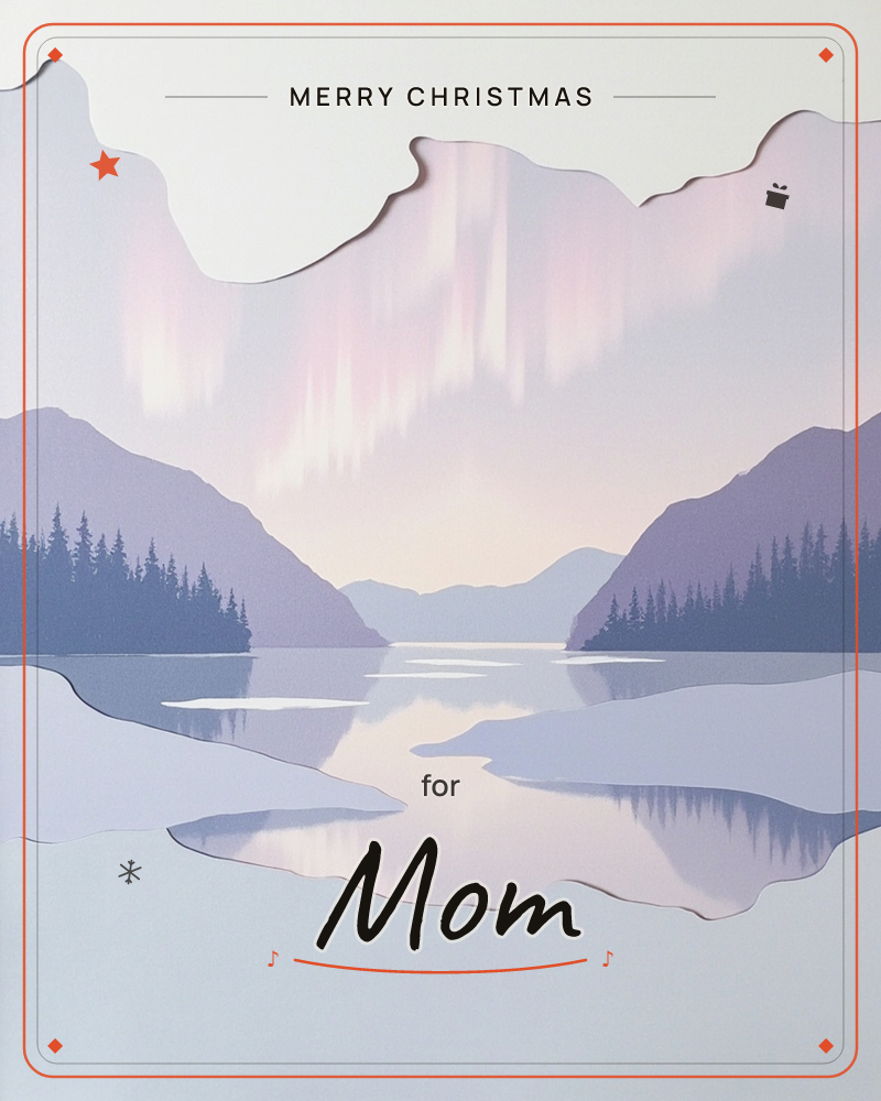 A layered paper-cut mountain landscape shows soft pink and lavender aurora light streaking down over a still lake at dusk, a christmas e-card design
