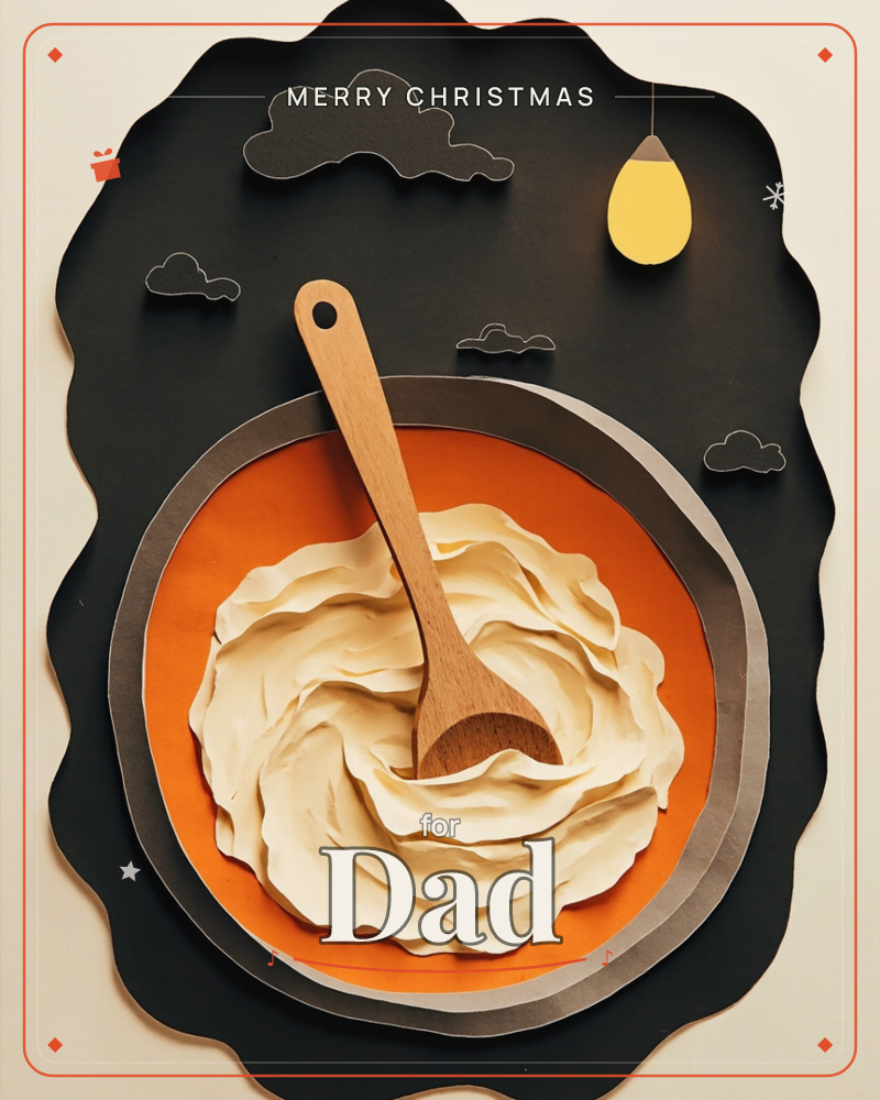A paper-craft illustration shows a wooden spoon stirring a swirl of pale cream batter inside an orange bowl, all set against a black scalloped-edge…, a christmas e-card design