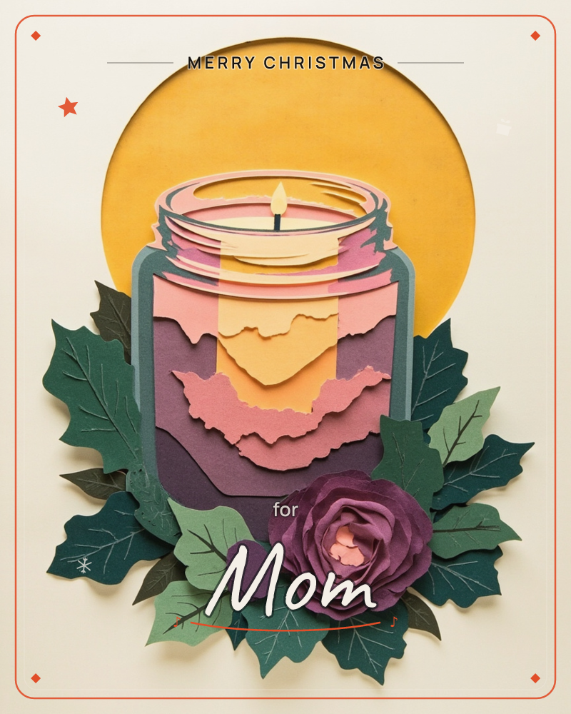 A layered paper-cut candle glows against a golden sun-like circle, its jar built from torn strips of plum, pink and mustard paper suggesting melted wax, a christmas e-card design