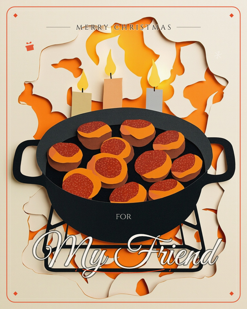 A paper-cut illustration shows a black cauldron pot filled with round patties or fritters, sitting atop a wire rack over a stylised orange flame burst, a christmas e-card design